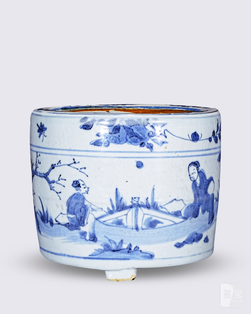 明 青花山水人物纹三足炉 - 图1